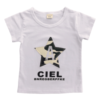 Kids white tee with a camo star design on the front