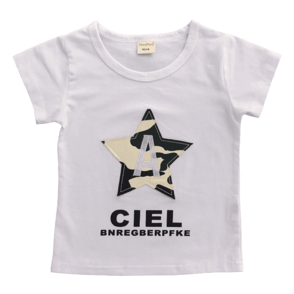 Kids white tee with a camo star design on the front